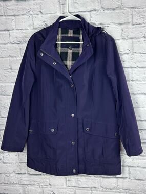 London Fog Hooded Rain Coat Jacket Purple Plaid Lined Women’s Large